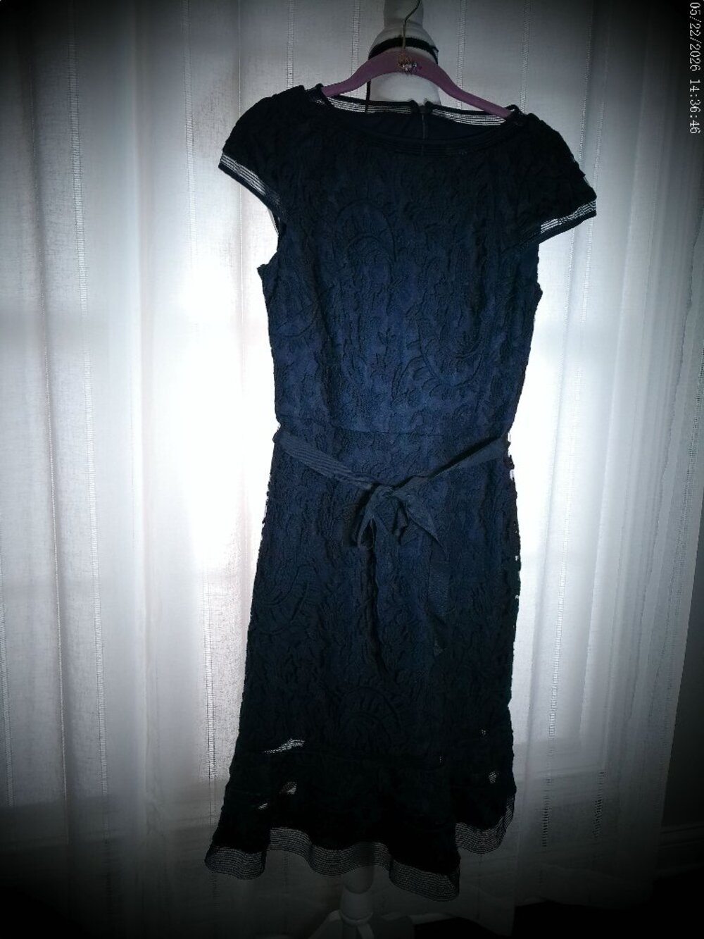 ADRIANNA PAPELL Cap Slve Rear Zip-Up Ribbon Belt Navy Embroidered/Lace Dress 8